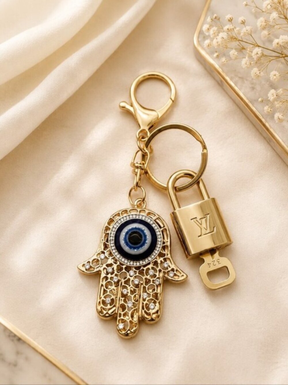 Louis Vuitton Gold Lock 🔒 Authentic LV Key + Unbranded Evil Eye Bag Charm